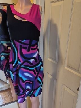 Rock N Karma Vibrant Purple Pink Black & Blue Tie-Dye Mini Sleeveless Dress SZ L